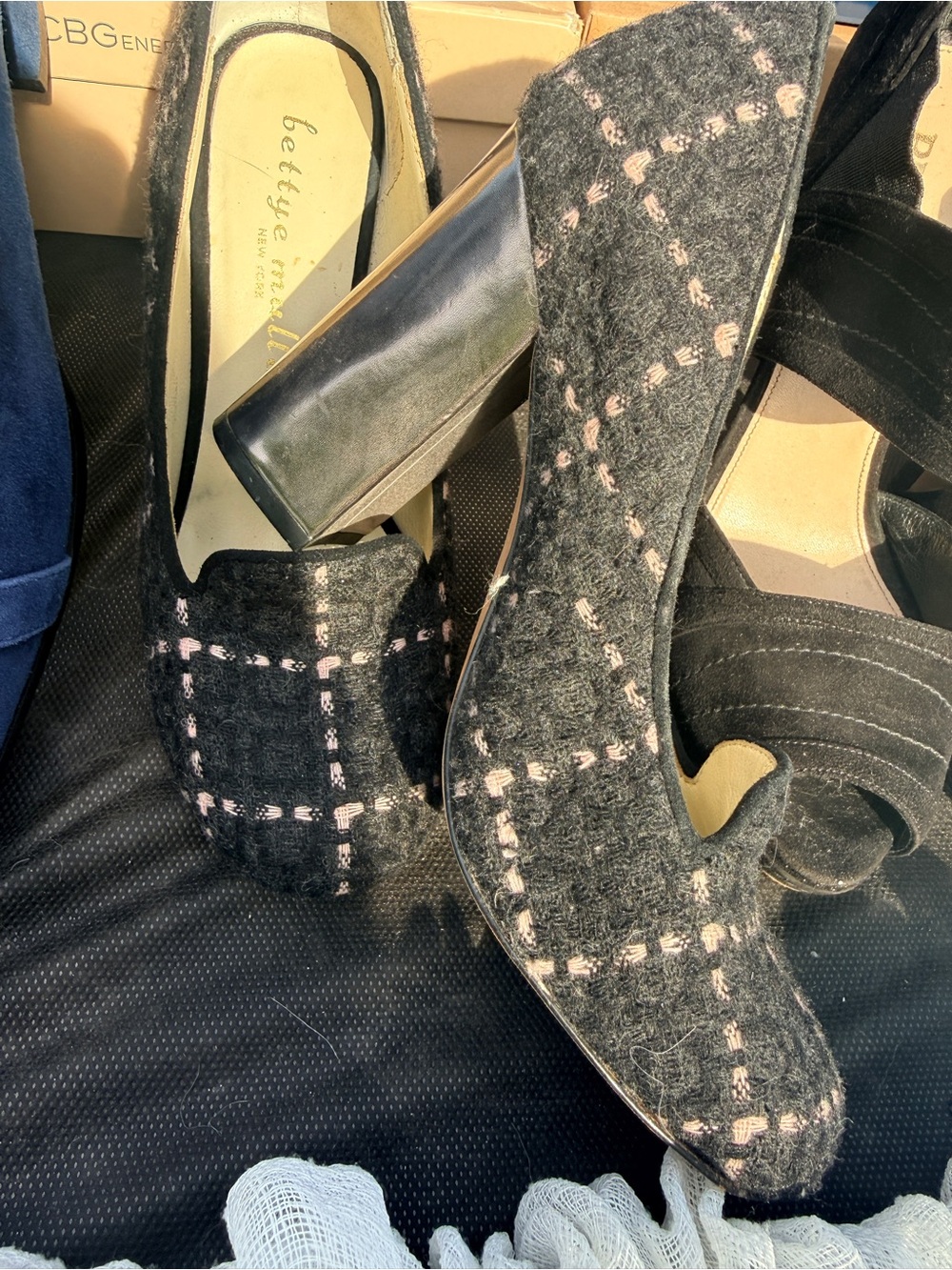 Bettie Page Black Tweed Block Heel Pumps with Pink Stitching